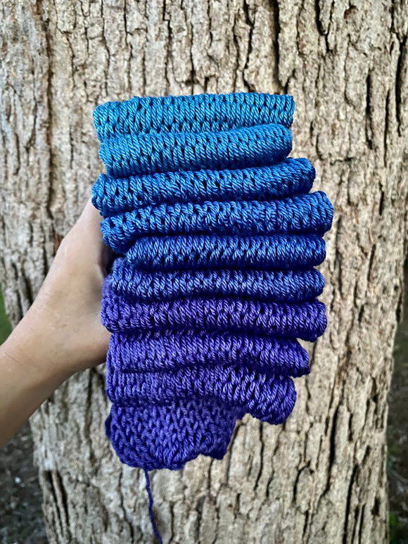 Blue to purple, DK weight, 460 yards, SWM/SILK